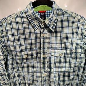 Gap Kids Button Front Shirt Size Large (10) Blue Plaid Long Sleeve Convertible
